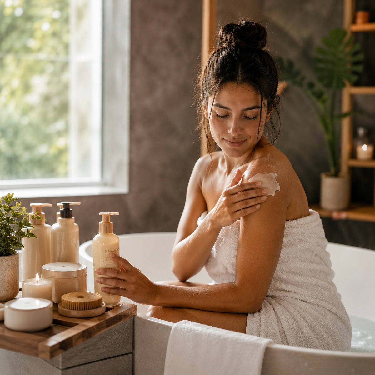 Woman applying cream to her arm in a bathroom setting with various skincare products around.